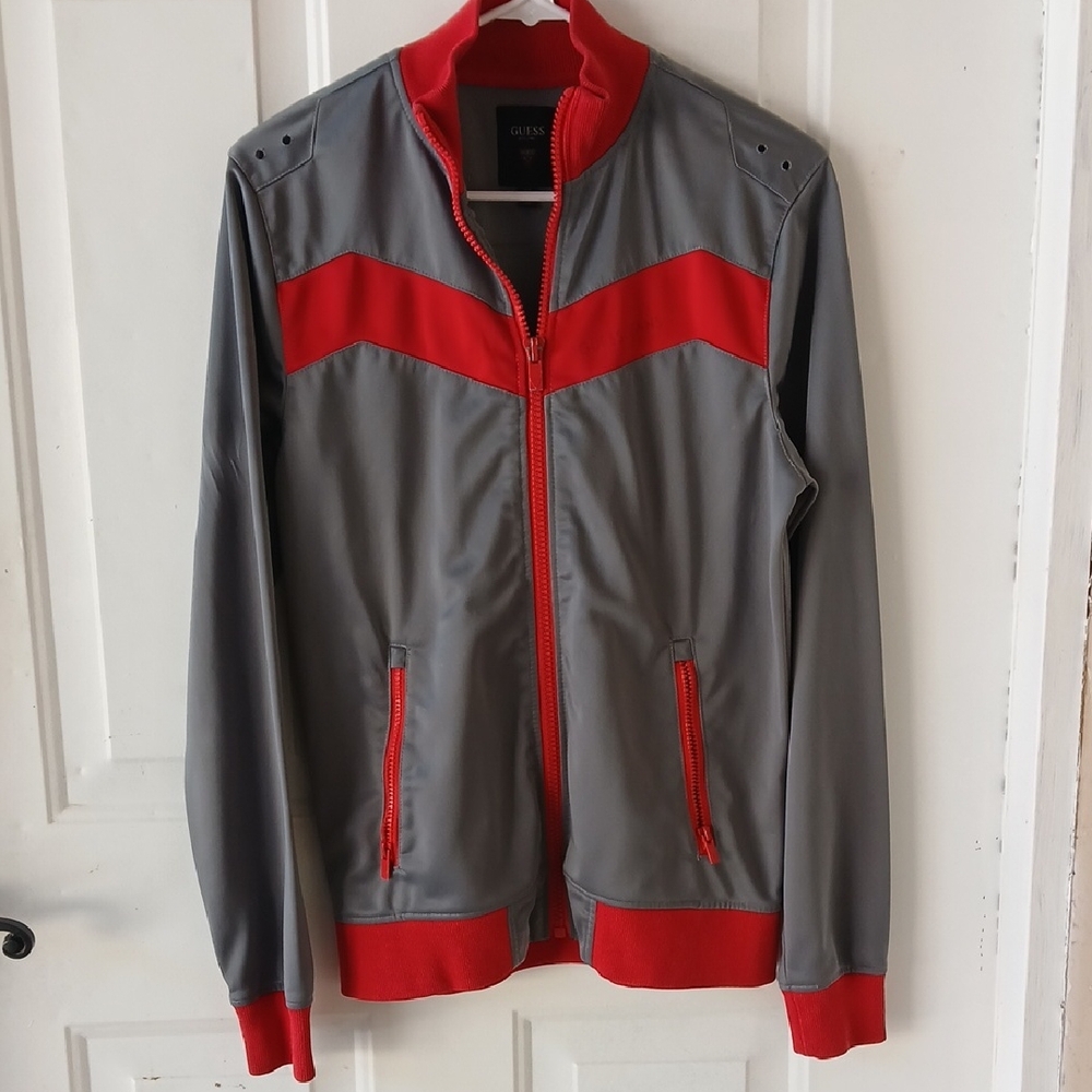 Guess Men's Jacket in Gray with Red Highlights